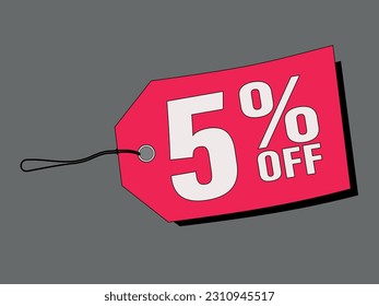 5% off in red price tags with black string on gray background. Special offer or shopping discount label. Retail paper sticker