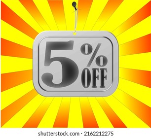 5% de descuento. Banner rojo y amarillo de cinco por ciento de tarjeta blanca para grandes mega ventas.
