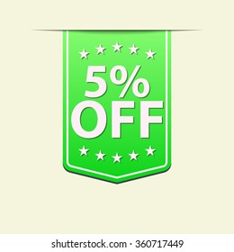 5% Off ribbon label. Green color. Vector illustration.