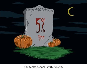 5% Rabatt auf Tombstone Aufkleber mit Kürbissen in der Nacht mit einem Halbmond am Himmel - Halloween
