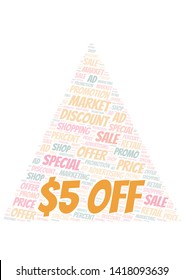 $5 Off word cloud. Wordcloud made with text only.