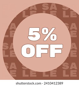 5% off written in a circle. In the background, a pattern with the word sale.