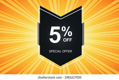 5% off. Yellow banner with five percent discount on a black balloon for mega offers.


