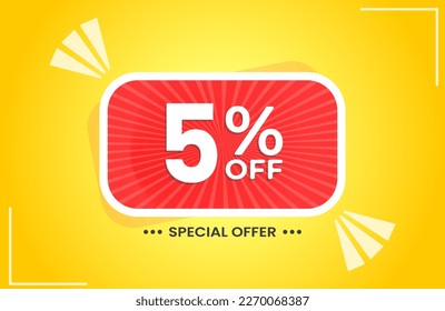 5% off. Yellow banner with 5 percent discount on a red balloon for mega big sales. 5% sale