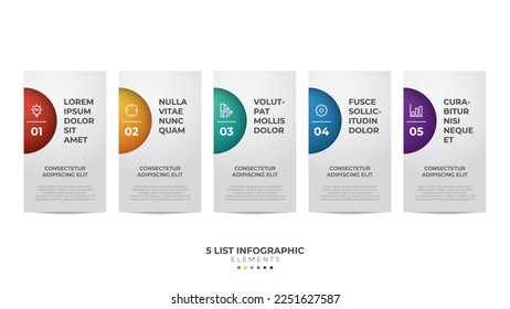 5 option of steps infographic element template, horizontal layout diagram with number of sequence, colorful and modern style slide background