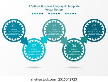 5 opções modelo de infográfico de negócios, tema de engrenagem em círculo com seta e quadro de texto