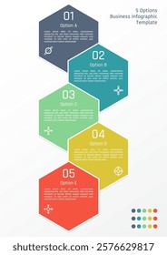 5 options business infographic template, theme of colorful overlapping hexagon frame, also with number and symbols