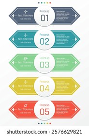 5 options business infographic template, theme of hexagon bar with number in the middle circle, also with symbols and arrows