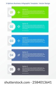 5 options business infographic template, simple rectangular bar with number in circle frame, also with dash line and symbols