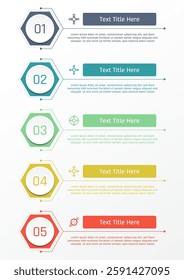 5 options business infographic theme of circle button on hexagon frame with rectangular bar for text title
