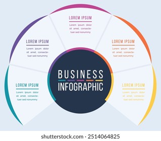 5 Opciones Infografía de diseño de círculos 5 Opciones, objetos, Elementos o pasos de información Plantilla de infografía de negocios