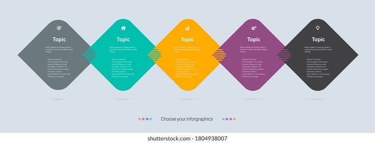 5 opciones del vector de diseños de infografía, plantilla de diseño de botones con iconos que se pueden utilizar para presentaciones, flujo de trabajo, diagrama de procesos, diseño, banner, diagrama de flujo, negocio y finanzas.