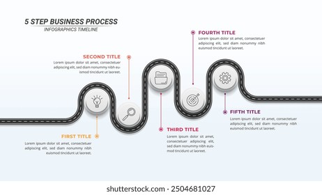 5 Options Road Map Infographic Timeline on a 16:9 Layout for Business Presentations, Management, and Evaluation.