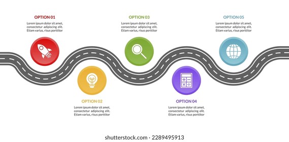 5 opciones hoja de ruta Plantilla de diseño de infografías e iconos. utilizar como diagrama de procesos de flujo de trabajo, presentación de datos empresariales, diseño de línea de tiempo, hito, pancarta, folleto, diagrama de flujo