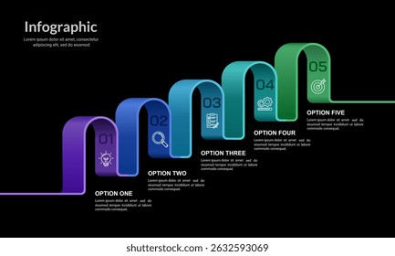 5 Options or steps colorful curved ribbon infographic design on black background. Plan, Presentation, Strategy and Marketing. Vector illustration.