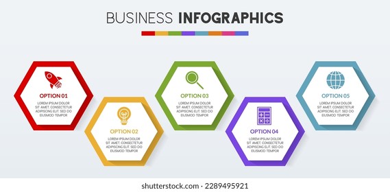 5 opciones o 5 pasos Plantilla de diseño de infografías hexágono e iconos. utilizar como diagrama de procesos de flujo de trabajo, presentación de datos empresariales, diseño de línea de tiempo, hito, pancarta, folleto, diagrama de flujo