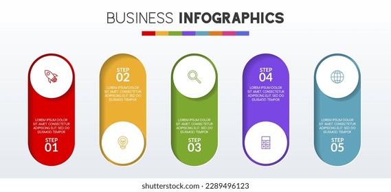 5 opciones o 5 pasos Plantilla de diseño de infografías e iconos. utilizar como diagrama de procesos de flujo de trabajo, presentación de datos empresariales, diseño de línea de tiempo, hito, pancarta, folleto, diagrama de flujo