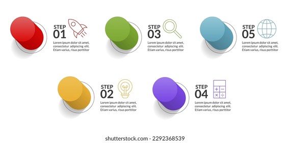  5 opciones o 5 pasos Plantilla de diseño de infografías 3dbutton e iconos. utilizar como diagrama de procesos de flujo de trabajo, presentación de datos empresariales, diseño de línea de tiempo, hito, pancarta, folleto, diagrama de flujo