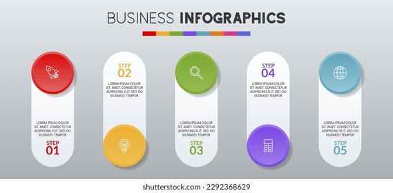 5 opciones o 5 pasos Plantilla de diseño de infografías e iconos. utilizar como diagrama de procesos de flujo de trabajo, presentación de datos empresariales, diseño de línea de tiempo, hito, pancarta, folleto, diagrama de flujo
