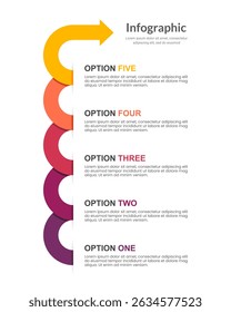 5 Options or Steps. Vertical Infographic Curved Arrow to Success Template. Business Presentation, Plan, Marketing and Strategy. Vector Illustration.