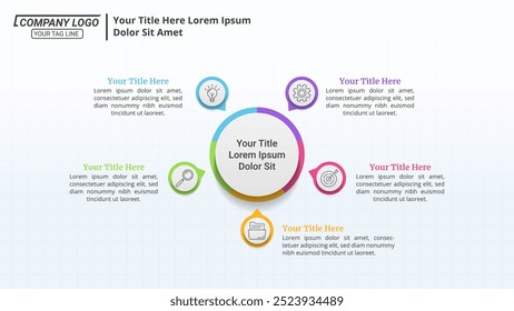 5 Opções Workflow Circle Diagram Infográfico com texto editável para processo de negócios, estratégia e marketing.