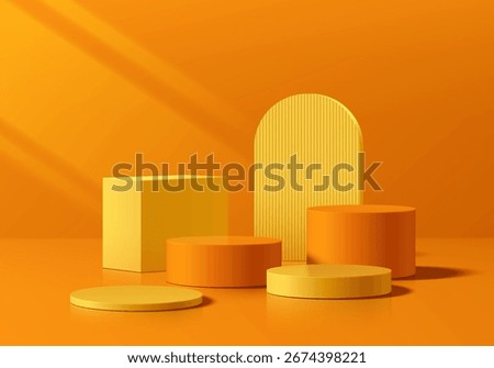5 orange and yellow 3d round product podium set background. Abstract composition in minimalist design. Studio display showroom stands pedestal, Fashion stage showcase mockup wall scene. Empty space.