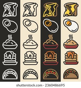 5 Umrisssymbole für das Frühstück. Fünf Symbole zum Frühstück. Set von Symbolen für die Umrisslinie