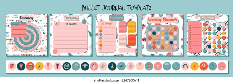 5 page of planner with simple design,Printable habit tracker with colorful, cute, and simple patterns, for daily use.