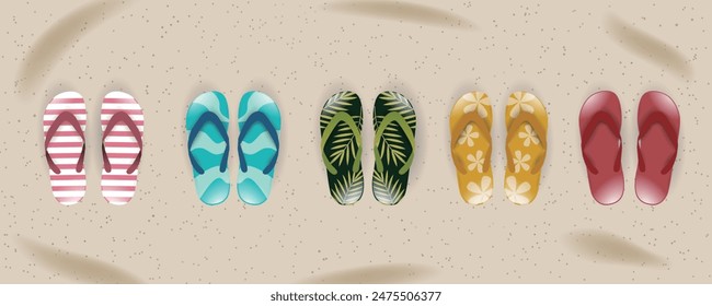 5 pairs of Colorful flip flops on sand