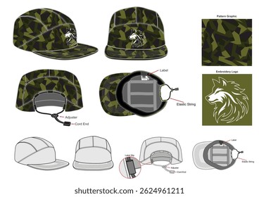 5 Panel Caps Mockup, Camo Background and Wolf Logo