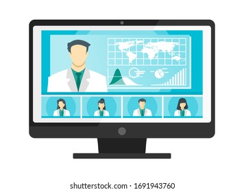 5 Panel Doctor TV Video Web Conference Teleconference. Scientist Surgeon Specialist Medical Expert Nurse Pharmacy Online Virtual Meetings. Hospital Team Remote Work Flatten The Curve COVID-19 Pandemic