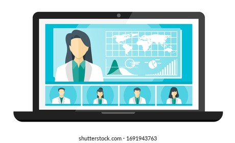 5 Panel Doctor TV Video Web Conference Teleconference. Scientist Surgeon Specialist Medical Expert Nurse Pharmacy Online Virtual Meetings. Hospital Team Remote Work Flatten The Curve COVID-19 Pandemic