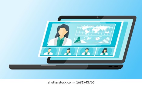 5 Panel Doctor TV Video Web Conference Teleconference. Scientist Surgeon Specialist Medical Expert Nurse Pharmacy Online Virtual Meetings. Hospital Team Remote Work Flatten The Curve COVID-19 Pandemic