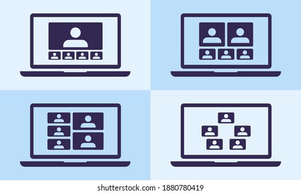 5 Panel Video Conference Online Meetings Teleconference On Laptop Icon Virtual Chat Symbol Sign. Suitable For Online School Class, Work From Home WFH, Web Seminar Or Webinars Student Group Infographic