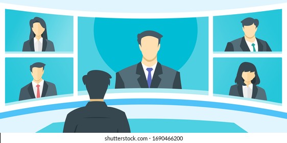 5 Panels Online Virtual Remote Meetings, TV Video Web Conference Teleconference with Male Main. Company CEO President Executive Manager Boss Employee Team Work Learn From Home WFH Live Stream Webinars