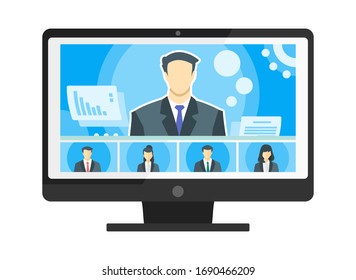 5 Panels Online Virtual Remote Meetings, TV Video Web Conference Teleconference with Male Main. Company CEO President Executive Manager Boss Employee Team Work Learn From Home WFH Live Stream Webinars