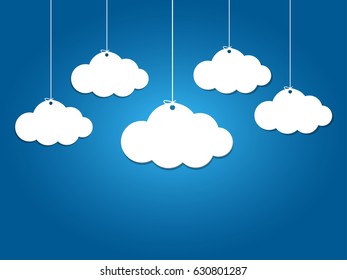 5 Paper Clouds Hanging On Blue Background.