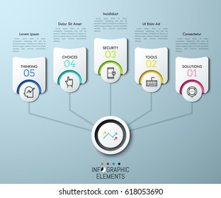 5 paper white elements, thin line icons and text boxes connected with main circle by lines. Workflow chart visualization concept. Infographic design layout. Vector illustration for website, brochure.