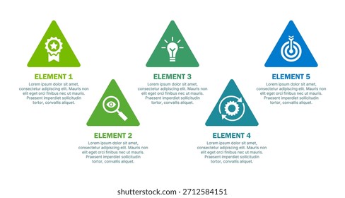 5 part or step infographic template with triangles icons and details placeholders