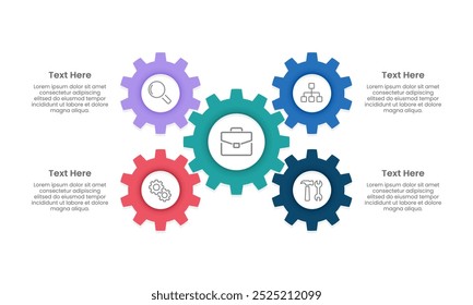 5 partes del negocio para el éxito. Plantilla de diseño de engranajes infográficos. Presentación de negocios, Sistema, Estrategia y Plan. Ilustración vectorial.