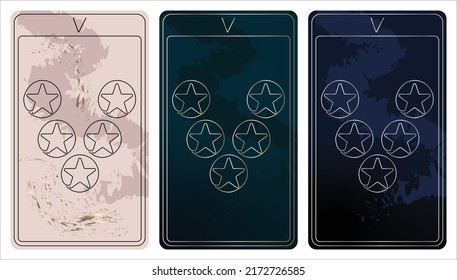 5 of Pentacles. A card of Minor arcana one line drawing tarot cards. Tarot deck. Vector linear hand drawn illustration with occult, mystical and esoteric symbols. 3 colors. Proposional to 2,75x4,75 in