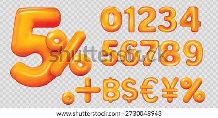 5 Percent Discount 3D Glossy Orange Number Set with Percent Sign, Currency and Math Symbols, Sale Promotion, Interest Rate, Cashback, Finance and Marketing Concept, Isolated on Transparent Background