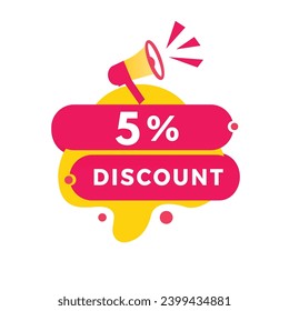 5 percent discount banner, modern label design with megaphone. Offer Store badge or business advertising. Flat style vector template design.