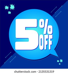 -5 percent discount. 5% discount. Up to 5%. Blue banner with floating balloon for promotions and offers. Vector