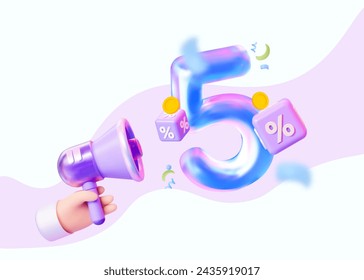 5 por ciento de descuento. El concepto de una venta de cumpleaños, grandes descuentos. Banner vectorial 3d.