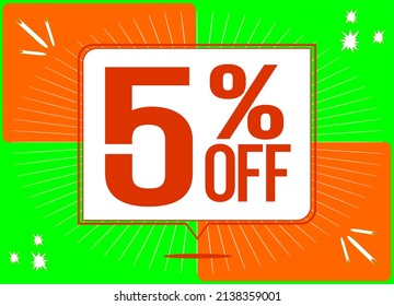 -5 percent discount. 5% discount. Up to 5%. Green and orange banner with floating balloon for promotions and offers. Up to. Vector. Discount and offer board.