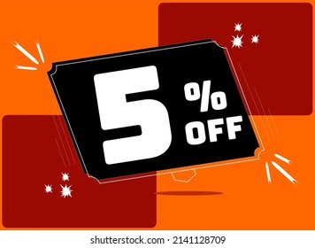 -5 percent discount. 5% discount. Up to 5%. Orange and red banner with floating balloon for promotions and offers.  Vector. Discount and offer board.