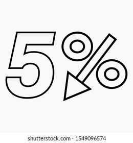 5 percent drop dark icon on a white background. A discount. Price drop. Interest rate reduction. Stock symbol. Discount.  Bonus discount. Vector icon