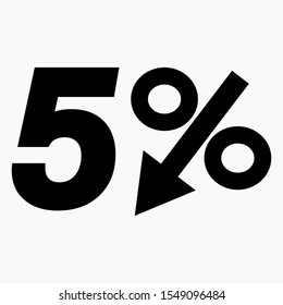 The 5 percent drop icon is dark. A discount. Price drop. Interest rate reduction. Stock symbol. Discount. Markdown of goods. Bonus discount. Vector icon