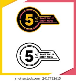 5 por ciento de la oferta plana estampado, venta de aclaramiento de pegatinas. Emblema del producto de finanzas Vector Premium